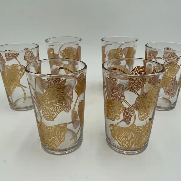 Set of 6 Vintage Moroccan Tea Glasses with Gold Gingko Leaf 4" - Picture 1 of 5